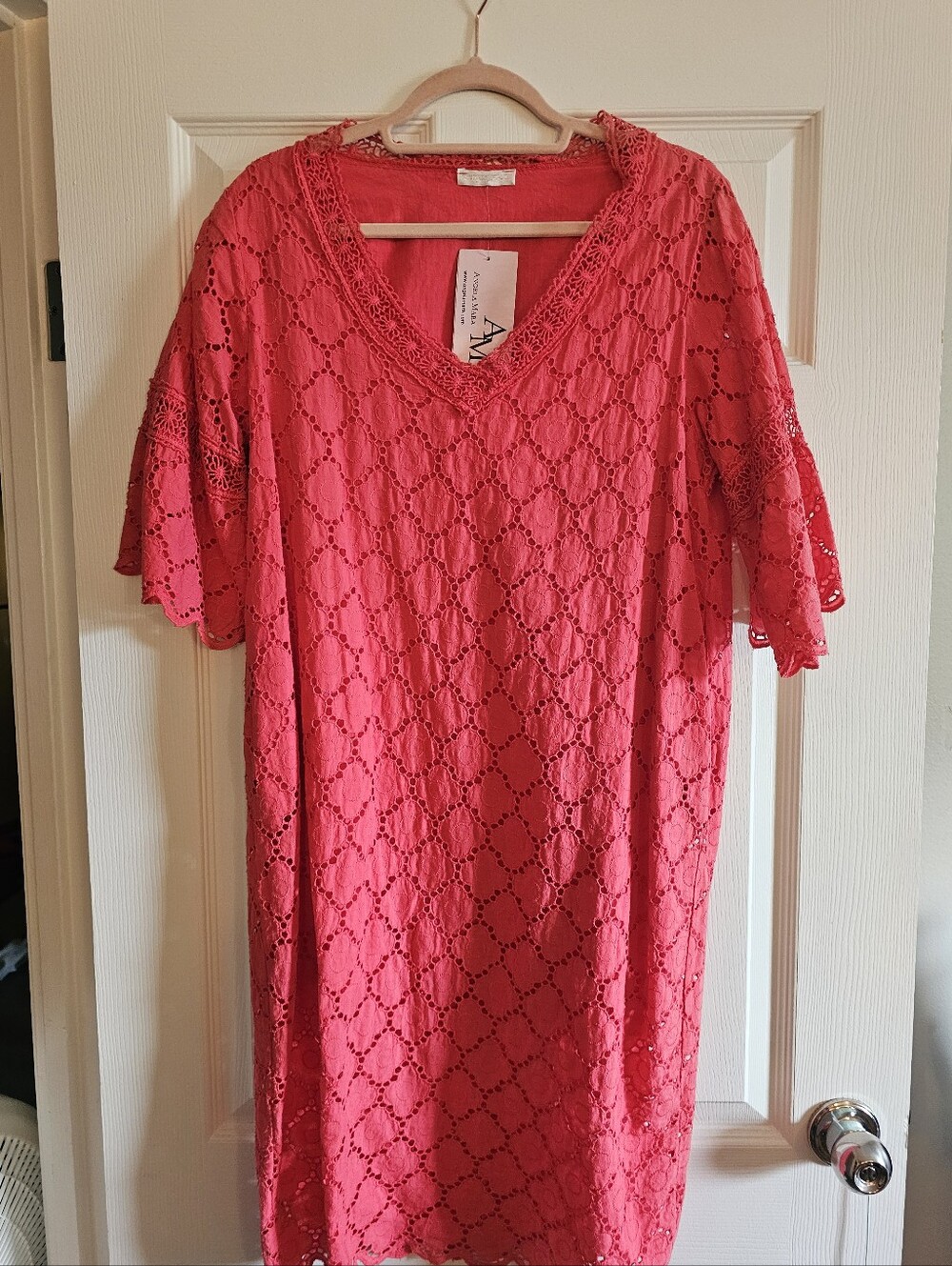 Angela Mara Coral Eyelet V-Neck Tunic